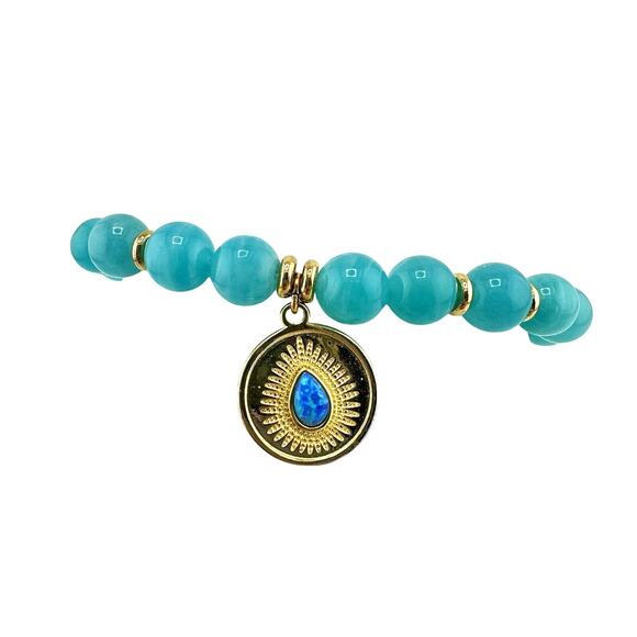 T. Jazelle 925 14K Gold Plated Amazonite Faux Opal Beaded Charm Stretch Bracelet - Picture 2 of 7